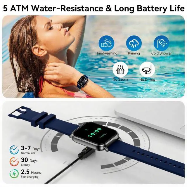 Alt view image 7 of 7 - Smart Watch for Men Women, 1.83" HD Touch Screen Smartwatch with Bluetooth Call, 5 ATM Waterproof, 130+ Sport Modes Fitness Tracker Heart Rate Sleep Monitor Pedometer, Compatible with Android iPhone