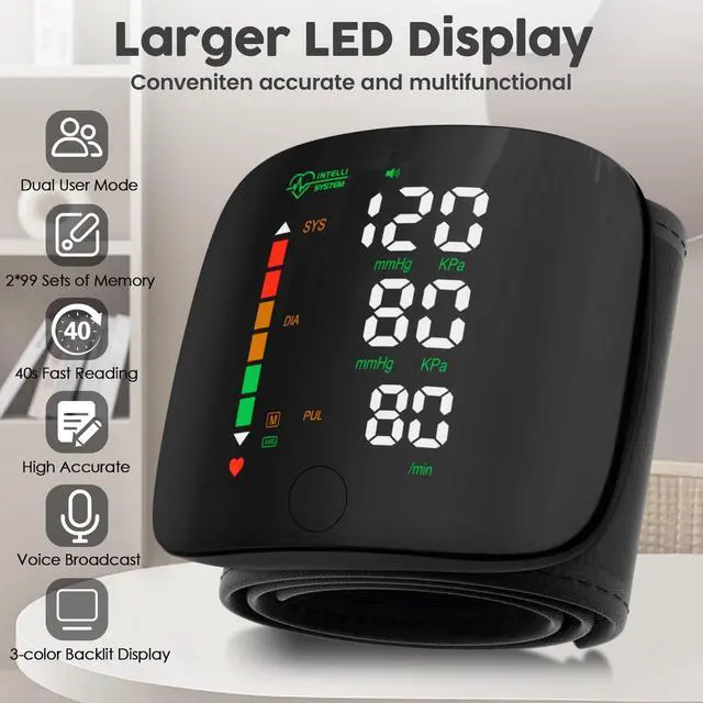 Alt view image 3 of 7 - Wrist Blood Pressure Monitor Led Display, Touch Screen Wrist Blood Pressure Cuff 99x2 Reading Memory Wrist Bp Monitor with Carrying Case(Black)