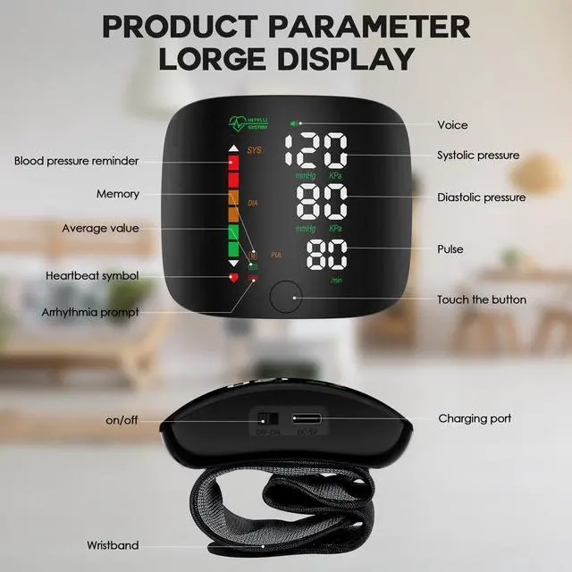 Alt view image 6 of 7 - Wrist Blood Pressure Monitor Led Display, Touch Screen Wrist Blood Pressure Cuff 99x2 Reading Memory Wrist Bp Monitor with Carrying Case(Black)