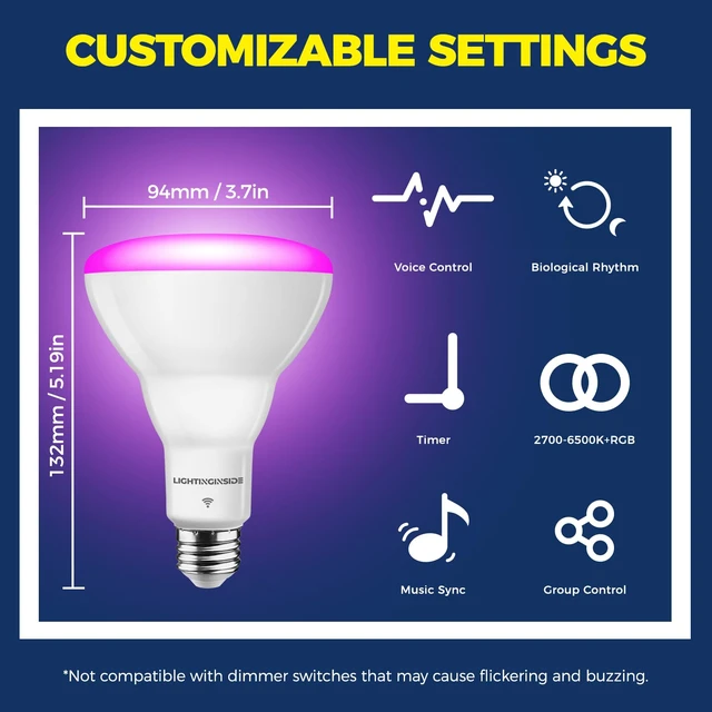 Alt view image 2 of 7 - Smart Light Bulbs 1100LM, BR30 RGBCW Color Changing, 4PCS | Compatible with Alexa/Google Home/SmartLife, No Hub Required, 75W Flood Light Bulbs, 2.4G WiFi & BLE 12W E26 Bulb, ETL Listed
