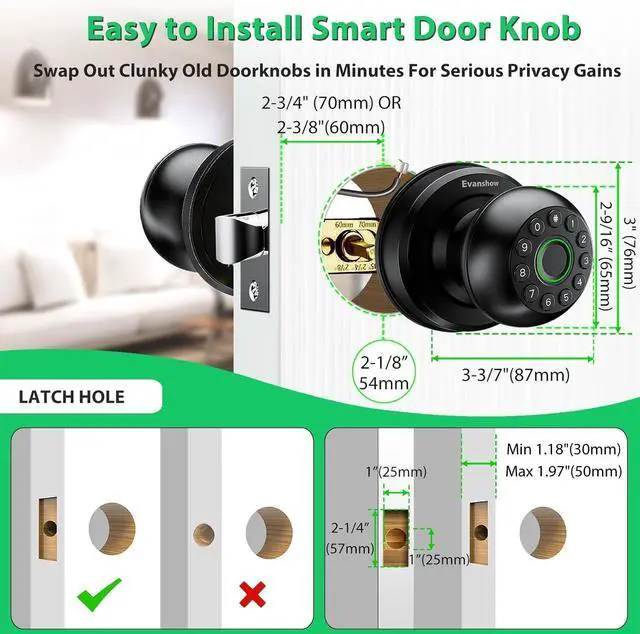 Alt view image 3 of 7 - Smart Door Knob Fingerprint Lock 4-in-1 Keyless Entry (Fingerprint/App/Code/Key) Biometric Door with Auto-Lock Easy Install for Home/Bedroom/Office-Black