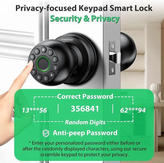 Alt view image 4 of 7 - Smart Door Knob Fingerprint Lock 4-in-1 Keyless Entry (Fingerprint/App/Code/Key) Biometric Door with Auto-Lock Easy Install for Home/Bedroom/Office-Black