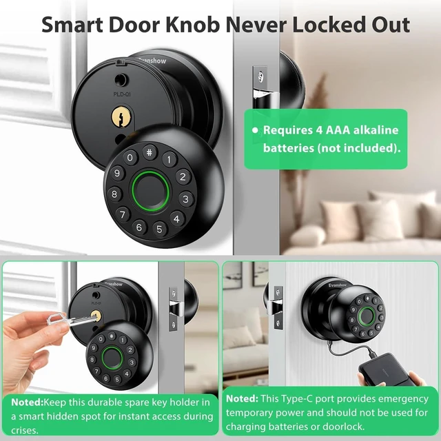 Alt view image 5 of 7 - Smart Door Knob Fingerprint Lock 4-in-1 Keyless Entry (Fingerprint/App/Code/Key) Biometric Door with Auto-Lock Easy Install for Home/Bedroom/Office-Black