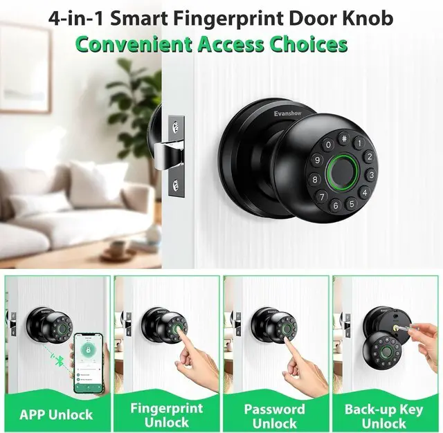 Alt view image 2 of 7 - Smart Door Knob Fingerprint Lock 4-in-1 Keyless Entry (Fingerprint/App/Code/Key) Biometric Door with Auto-Lock Easy Install for Home/Bedroom/Office-Black