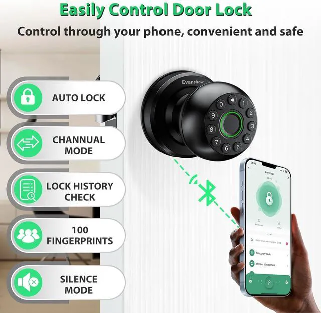 Alt view image 7 of 7 - Smart Door Knob Fingerprint Lock 4-in-1 Keyless Entry (Fingerprint/App/Code/Key) Biometric Door with Auto-Lock Easy Install for Home/Bedroom/Office-Black