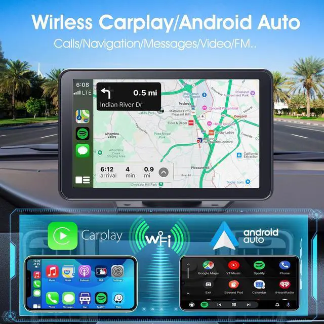Alt view image 2 of 7 - 7" Portable Wireless CarPlay Screen for Car, Android Auto & Backup Camera