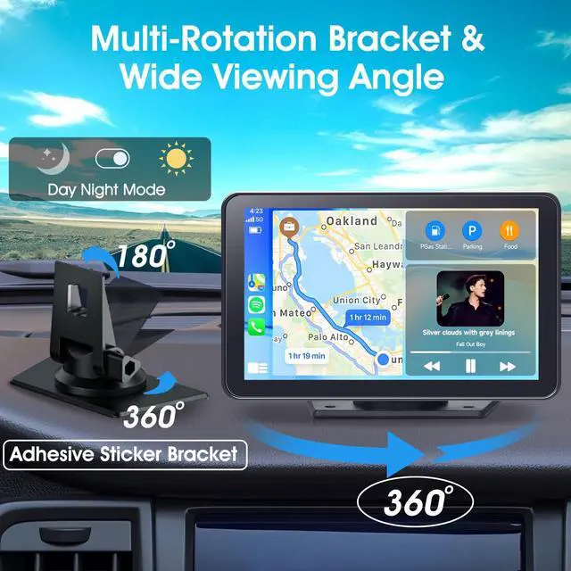 Alt view image 7 of 7 - 7" Portable Wireless CarPlay Screen for Car, Android Auto & Backup Camera