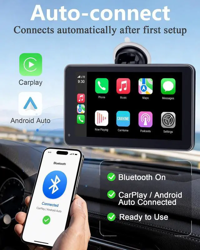 Alt view image 2 of 7 - Portable Carplay Screen with Backup Camera - Bluetooth Fast Connects in 1s | HD 1080P Touchscreen Supports Both Apple CarPlay & Android Auto - No Dashboard Removal, GPS Navigation, Voice Control