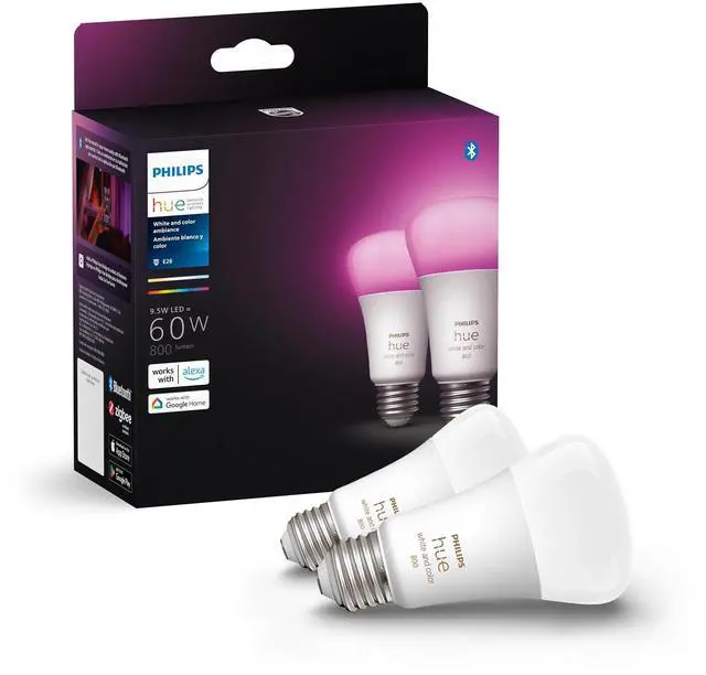 Main image of Smart 60W A19 LED Bulb - White and Color Ambiance Color-Changing Light - 2 Pack - 800LM - E26 - Indoor - Control with Hue App - Works with Alexa, Google Assistant and Apple Homekit