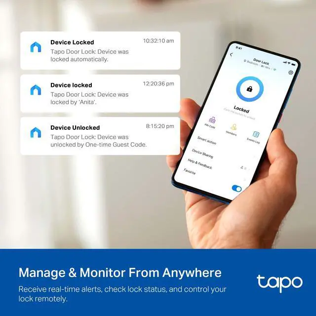Alt view image 4 of 7 - Smart Wi-Fi Deadbolt Door Lock - Fingerprint Recognition, Keyless Tactile Buttons & in-App Monitoring, Auto-Lock, IP54, BHMA Certified, Compatible with Standard Door Sizes, Tapo DL105