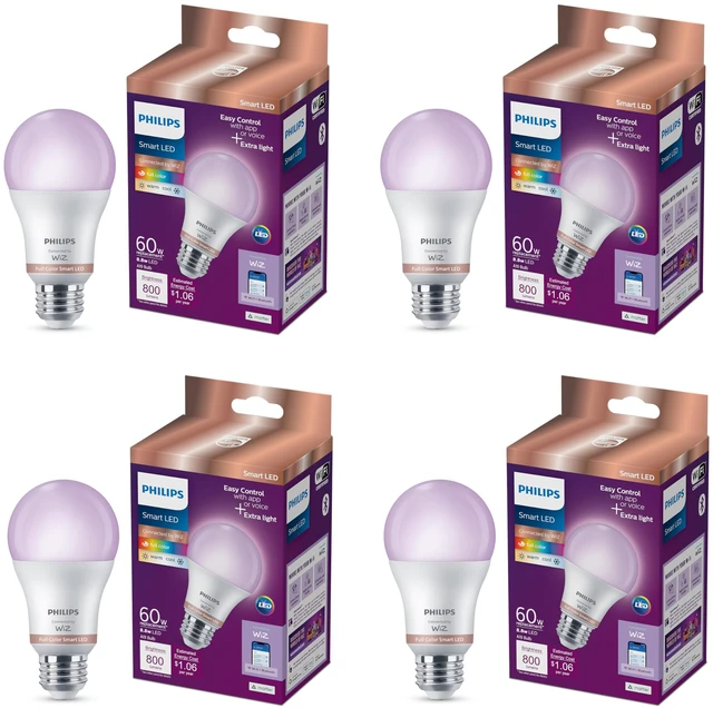 Main image of Smart LED Full Color Light Bulb 4-Pack, A19 60W 800LM E26 Indoor, Sunset to Sunrise Automation + Motion Detection + Control with Voice or App, Matter Compatible