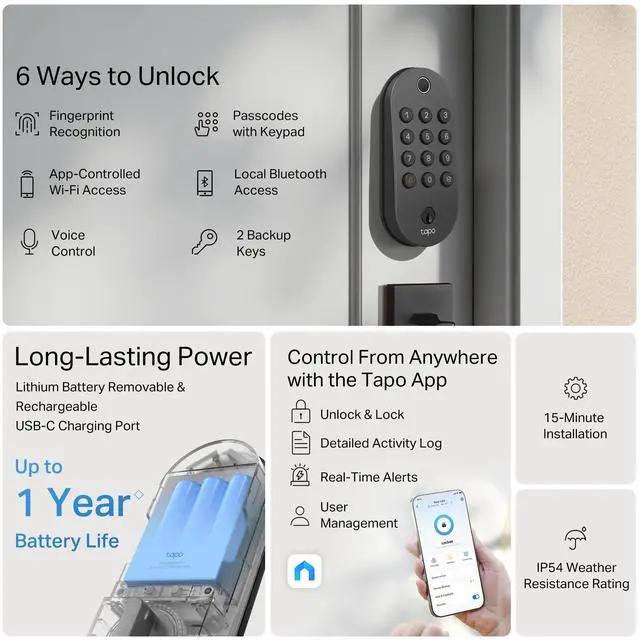 Alt view image 2 of 7 - Smart Wi-Fi Deadbolt Door Lock - Fingerprint Recognition, Keyless Tactile Buttons & in-App Monitoring, Auto-Lock, IP54, BHMA Certified, Compatible with Standard Door Sizes, Tapo DL105