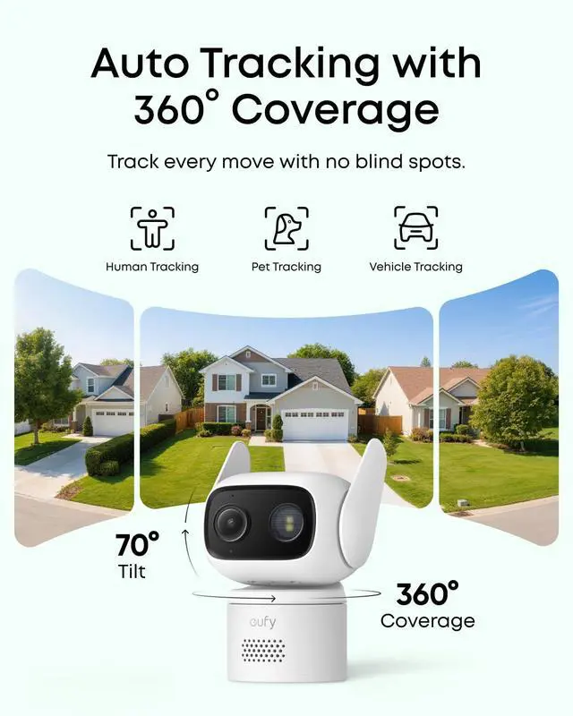 Alt view image 3 of 7 - eufy Wired Cam C31, 360° Coverage with Pan and Tilt, Indoor and Outdoor, Dual Antenna, Color Night Vision, Local Storage, No Monthly Fee, AI Human/Vehicle/Pet/Cry Detection, 24/7 Continuous Recording