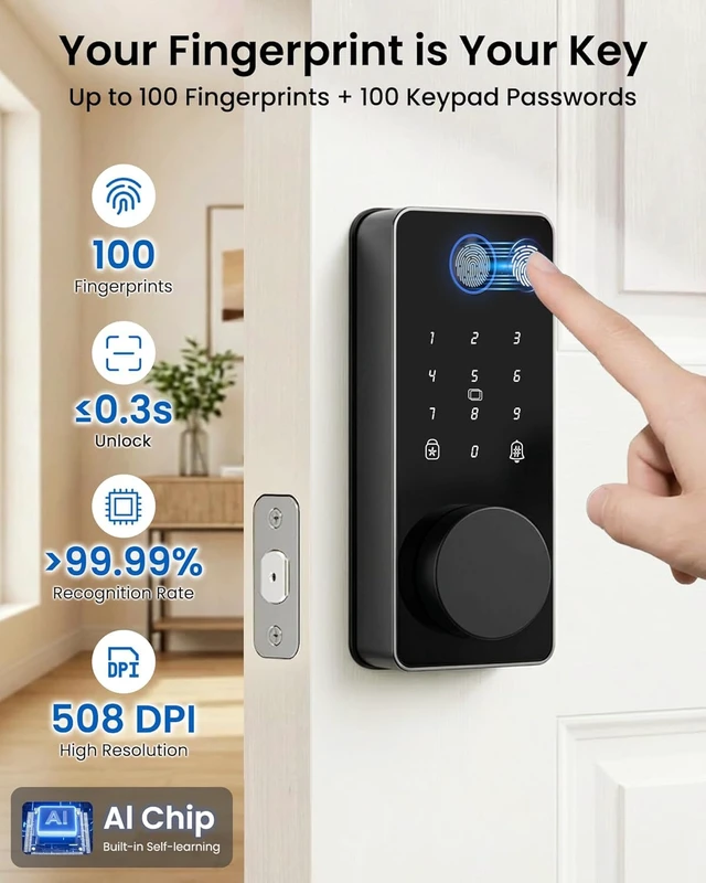 Alt view image 3 of 6 - Fingerprint Keyless Entry Door Lock, Smart Deadbolt Lock App Control | Auto Lock, One-Time Password, Electronic Touchscreen Keypad, IP54 Waterproof, Easy Install