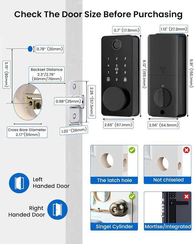 Alt view image 6 of 6 - Fingerprint Keyless Entry Door Lock, Smart Deadbolt Lock App Control | Auto Lock, One-Time Password, Electronic Touchscreen Keypad, IP54 Waterproof, Easy Install