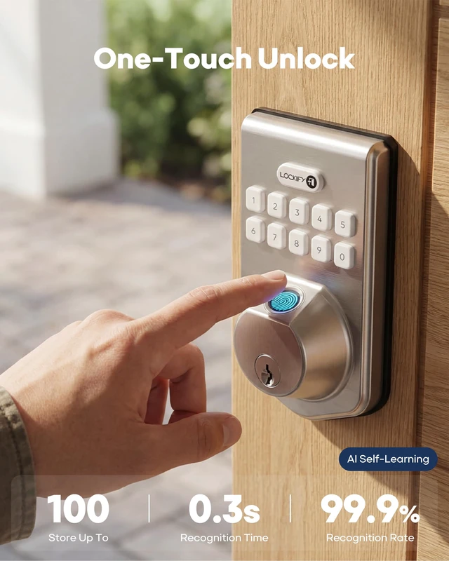 Alt view image 2 of 7 - Fingerprint Keypad Deadbolt for Front Door, Keyless Entry Door Lock with Fingerprint Unlock, Smart Door Locks with Keypad & Physical Key, Auto LockOne-Touch Lock, DIY Easy Installation, Satin Nickel
