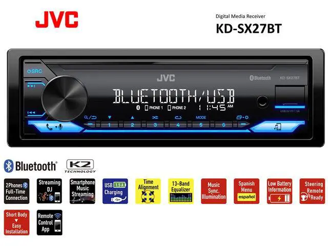Alt view image 2 of 7 - KD-SX27BT Car Stereo with Bluetooth, 100W Digital Media Receiver, 1.5A USB to Charge Devices, Single DIN Head Unit, AM/FM, Aux-in, JVC Remote App