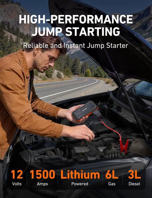 Alt view image 2 of 7 - S8 Car Battery Jump Starter 1500A Portable 12V Lithium Jump Box with 3 Mode Flashlight, Power Bank & Smart Jumper Cables - for 6.0L Gas and 3.0L Diesel Engines
