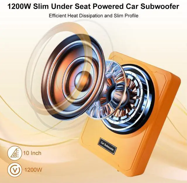 Alt view image 2 of 7 - 10 Inch 1200W Orange Car Subwoofer,Slim Under Seat Car Subwoofer Powered, High/Low Level Input, Car/Truck Car Audio Subwoofer Sub Built in Amplifier