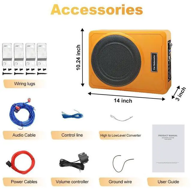 Alt view image 7 of 7 - 10 Inch 1200W Orange Car Subwoofer,Slim Under Seat Car Subwoofer Powered, High/Low Level Input, Car/Truck Car Audio Subwoofer Sub Built in Amplifier