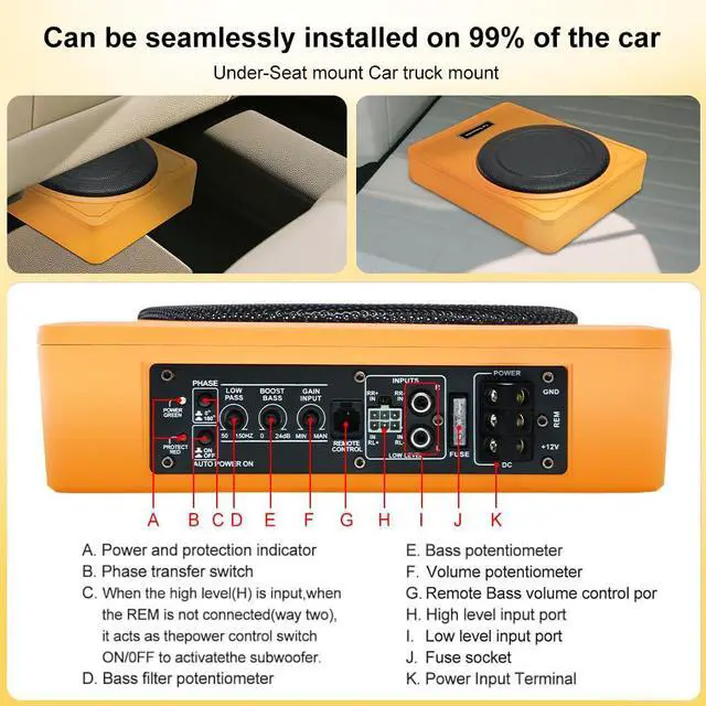 Alt view image 4 of 7 - 10 Inch 1200W Orange Car Subwoofer,Slim Under Seat Car Subwoofer Powered, High/Low Level Input, Car/Truck Car Audio Subwoofer Sub Built in Amplifier
