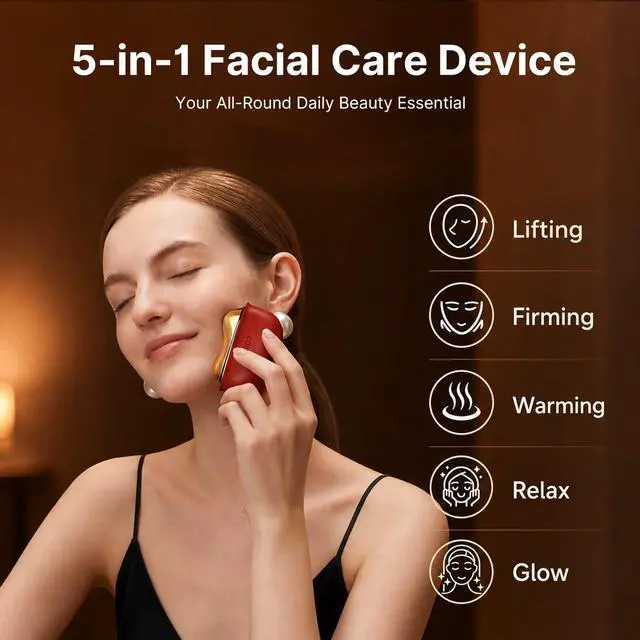 Alt view image 6 of 7 - Brass Heated Electric Gua Sha Facial Sculpting Tool with Vibration, Women's Facial Massager, LED Red Light Therapy for Neck & Face, Skin Firming Device, Premium Birthday Gift for Women, Red