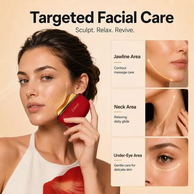 Alt view image 2 of 7 - Brass Heated Electric Gua Sha Facial Sculpting Tool with Vibration, Women's Facial Massager, LED Red Light Therapy for Neck & Face, Skin Firming Device, Premium Birthday Gift for Women, Red