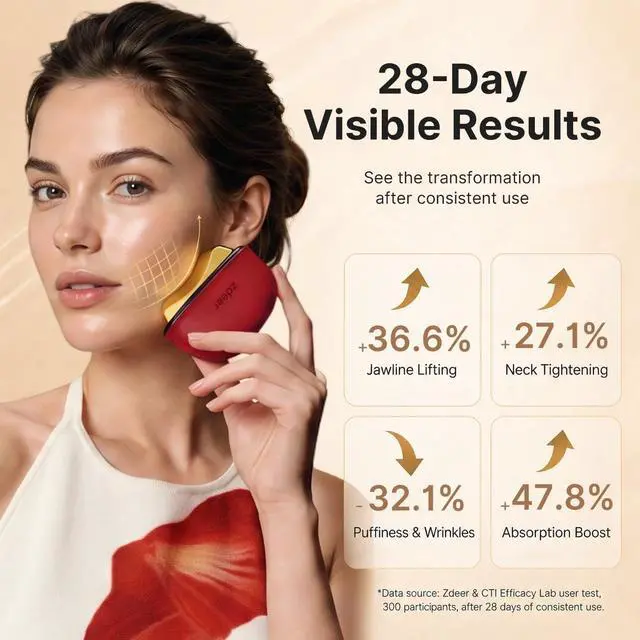 Alt view image 3 of 7 - Brass Heated Electric Gua Sha Facial Sculpting Tool with Vibration, Women's Facial Massager, LED Red Light Therapy for Neck & Face, Skin Firming Device, Premium Birthday Gift for Women, Red