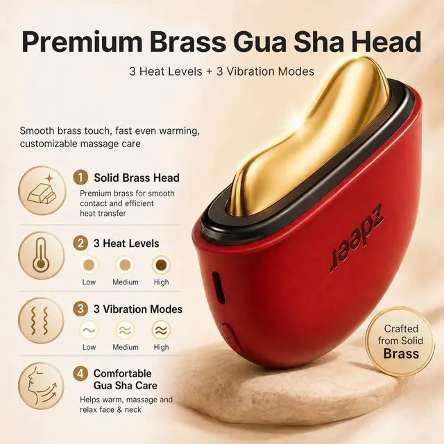 Alt view image 4 of 7 - Brass Heated Electric Gua Sha Facial Sculpting Tool with Vibration, Women's Facial Massager, LED Red Light Therapy for Neck & Face, Skin Firming Device, Premium Birthday Gift for Women, Red