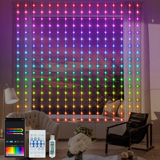 Main image of Smart Curtain Lights RGB 5050 Built in Chip with APP Remote Control | 8Ft x 6Ft 144LED Color Changing Fairy Lights with Music Sync, USB Powered Curtain Light for Party Patio Garden Decor