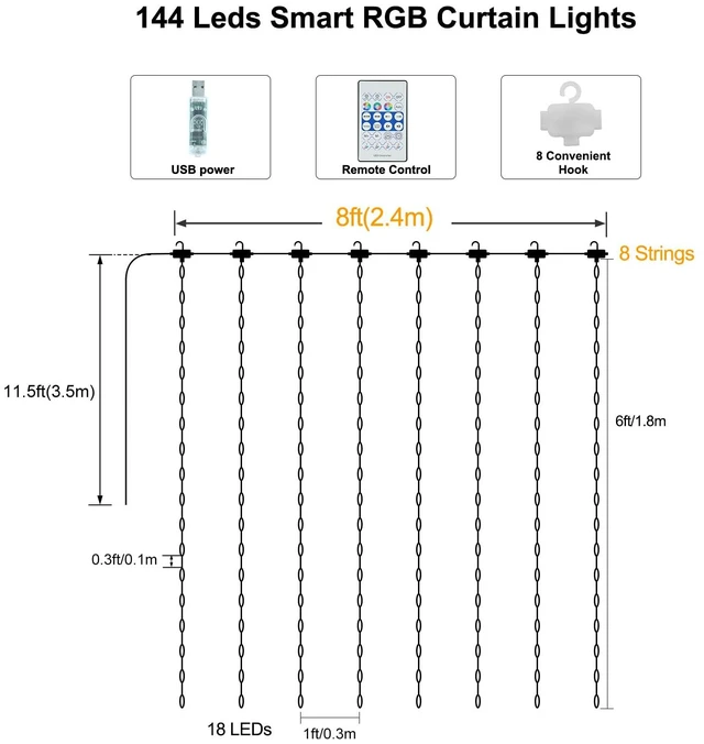 Alt view image 7 of 7 - Smart Curtain Lights RGB 5050 Built in Chip with APP Remote Control | 8Ft x 6Ft 144LED Color Changing Fairy Lights with Music Sync, USB Powered Curtain Light for Party Patio Garden Decor