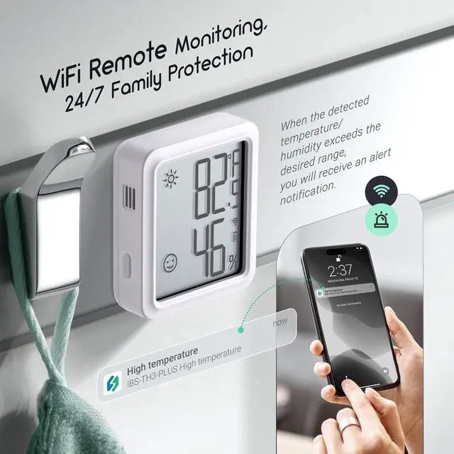 Alt view image 6 of 7 - WiFi Thermometer Hygrometer, Indoor Temperature Sensor IBS-TH3-PLUS with Electronic Display, Humidity Monitor with App Alert 1 Year Data Storage Export, Digital Remote Monitor for Room