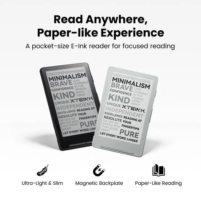 Alt view image 2 of 7 - X4 E-Book Reader (Developer Edition), 4.3" Pocket E-Ink eReader, Physical Page-Turn Buttons, Ultra-Thin 0.23" & 2.72 oz, Magnetic-Ready Design, Distraction-Free Reading, 16GB, Space Black