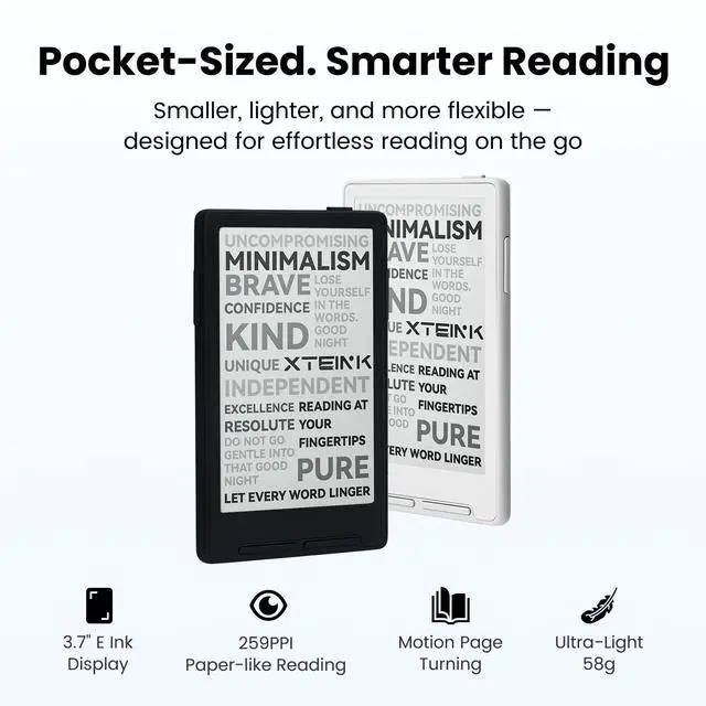 Alt view image 2 of 6 - X3 eBook Reader (Developer Edition), 3.7" Pocket E-Ink eReader, Ultra-Thin 0.2", 2 oz, Magnetic-Ready Pogo-Pin Charging, Gyroscope Page-Turn, Distraction-Free Reading, 16GB, Mist Gray