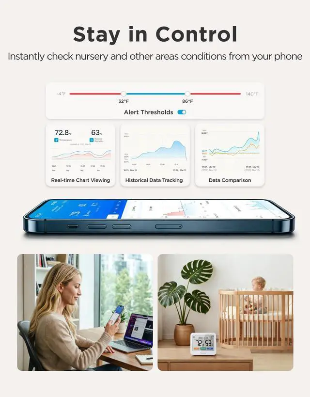 Alt view image 7 of 7 - WiFi Thermometer Hygrometer, 5-in-1 Temperature and Humidity Monitor with Weather Station, Remote Sensor, Large LCD Display, Indoor Thermometer for Home Baby Room Greenhouse 3-Pack