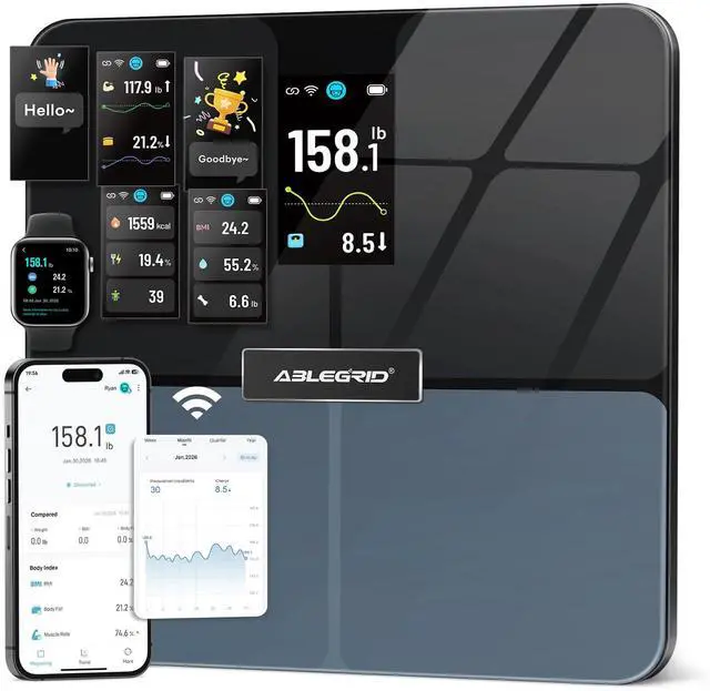 Main image of Smart WiFi Digital Bathroom Scale for Body Weight, Auto-Rotating TFT Display Body Fat Scale with BMI Muscle Mass, 500lb High Capacity, 11.8" Platform, 20 Accurate Body Compositions via App