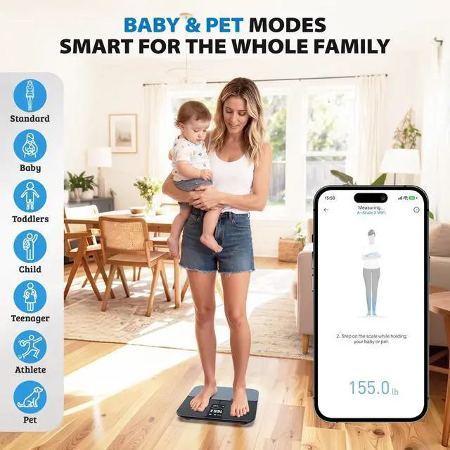 Alt view image 6 of 7 - Smart WiFi Digital Bathroom Scale for Body Weight, Auto-Rotating TFT Display Body Fat Scale with BMI Muscle Mass, 500lb High Capacity, 11.8" Platform, 20 Accurate Body Compositions via App
