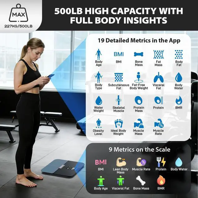 Alt view image 7 of 7 - Smart WiFi Digital Bathroom Scale for Body Weight, Auto-Rotating TFT Display Body Fat Scale with BMI Muscle Mass, 500lb High Capacity, 11.8" Platform, 20 Accurate Body Compositions via App