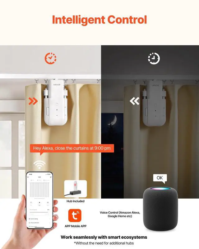 Alt view image 4 of 7 - Automatic Curtain Opener, APP and Remote Control, Hub Included, Electric Smart Curtain Opener Compatible with Alexa and Google Home, Timed Opening and Closing, for U-shaped/I-shaped Rails