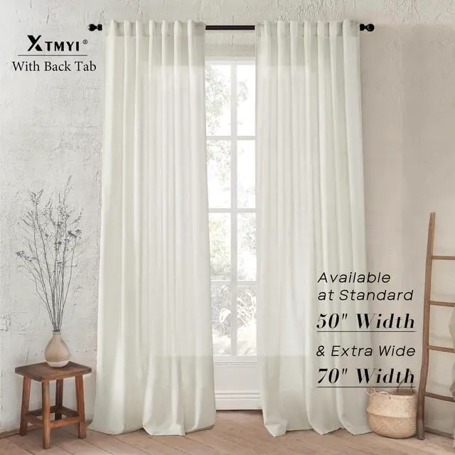 Alt view image 2 of 7 - Linen Cotton Curtains for Living Room, Cream Off White Natural Fabric Light Filtering Semi Sheer Curtains 84 Inches Long, Ivory Pleated Farmhouse Curtain Drapes 84 Inch Length 2 Panels Set Dining Room