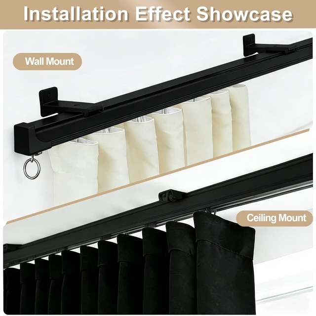 Alt view image 4 of 7 - Ceiling Curtain Track, Heavy Duty Curtain Tracks System for Room Divider, Wall Mount Sliding Curtain Rail with Clip and Hooks Set for Living Room, Bedroom, Shower, Outdoor, Black, 15ft-18ft