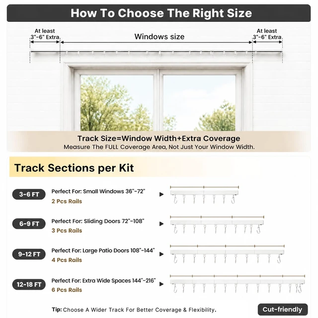 Alt view image 6 of 7 - Ceiling/Wall Mount Curtain Track Rod Set with Hooks, 6ft - 9ft Adjustable Length Window Rod Track Curtain Rail System For Living Room, Work with Grommet and Pinch Pleated Curtain, White