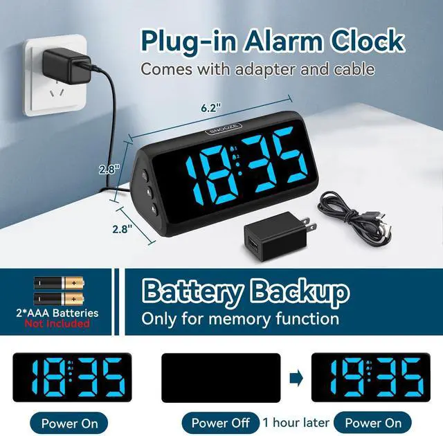 Alt view image 5 of 6 - Digital Alarm Clocks for Bedrooms, Loud Alarm Clock with Dual Alarms, Bold Digits, 5 Dimmers, 4 Volumes, Snooze, Bedside Clock for Deep Sleepers Kids Teens Seniors, Plug in Clock, Easy to Set