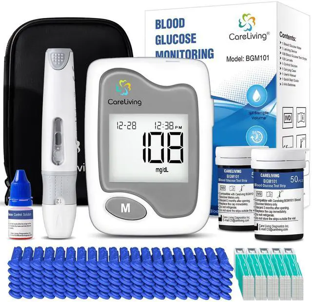 Main image of BGM101 Blood Glucose Monitor Kit, 100 Test Strips, 100 Lancets, 1 Blood Glucose Meter, 1 Lancing Device, Diabetes Testing Kit, Portable Blood Sugar Test Kit, Glucometer Kit for Home