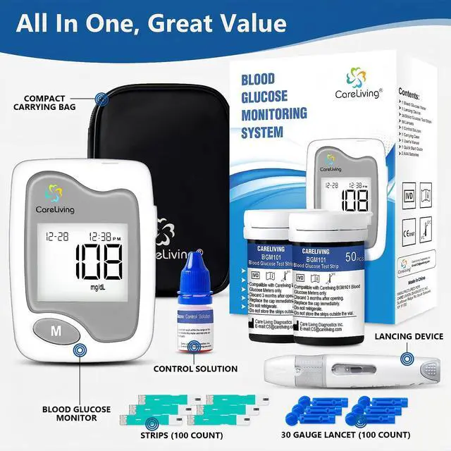 Alt view image 2 of 7 - BGM101 Blood Glucose Monitor Kit, 100 Test Strips, 100 Lancets, 1 Blood Glucose Meter, 1 Lancing Device, Diabetes Testing Kit, Portable Blood Sugar Test Kit, Glucometer Kit for Home