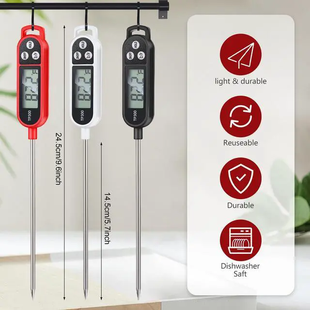 Alt view image 2 of 7 - 6 Pcs Instant Read Meat Thermometer with Long Probe 9.65 Inch Kitchen Cooking Food Candy Waterproof Digital Thermometer for BBQ Water Milk Yogurt Liquid (Round&Square Ring,Black,White,Red)