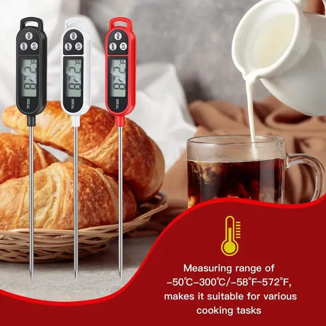 Alt view image 5 of 7 - 6 Pcs Instant Read Meat Thermometer with Long Probe 9.65 Inch Kitchen Cooking Food Candy Waterproof Digital Thermometer for BBQ Water Milk Yogurt Liquid (Round&Square Ring,Black,White,Red)