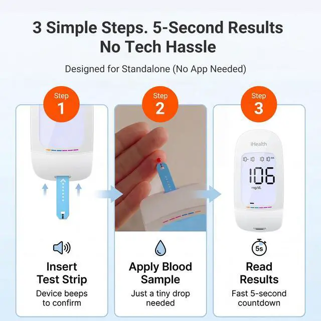 Alt view image 3 of 7 - Acacia Blood Glucose Monitor Kit, 100 Glucometer Strips, 100 Lancets, 1 Blood Sugar Monitor, 1 Lancing Device, 1 Travel Bag, No Coding, Portable Blood Sugar Testing Kit, For People with Diabetes