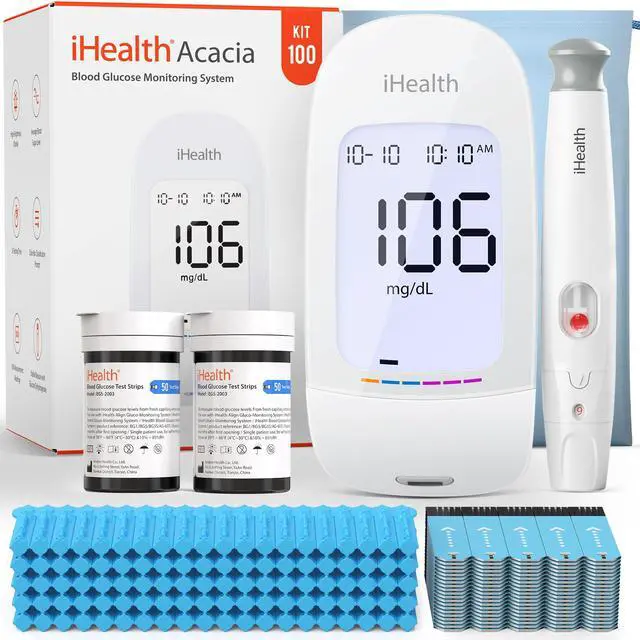 Main image of Acacia Blood Glucose Monitor Kit, 100 Glucometer Strips, 100 Lancets, 1 Blood Sugar Monitor, 1 Lancing Device, 1 Travel Bag, No Coding, Portable Blood Sugar Testing Kit, For People with Diabetes