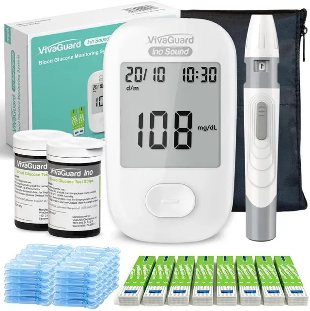Main image of Talking Blood Glucose Monitor Kit, 100 Glucometer Strips & 100 Lancets, 1 Blood Sugar Monitor, 1 Lancing Device, Diabetes Testing Kit for Seniors and Home Use with Travel Case, No Coding